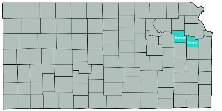 Kansas Map Featuring the following counties: Douglas, Leavenworth, Shawnee, Wyandotte